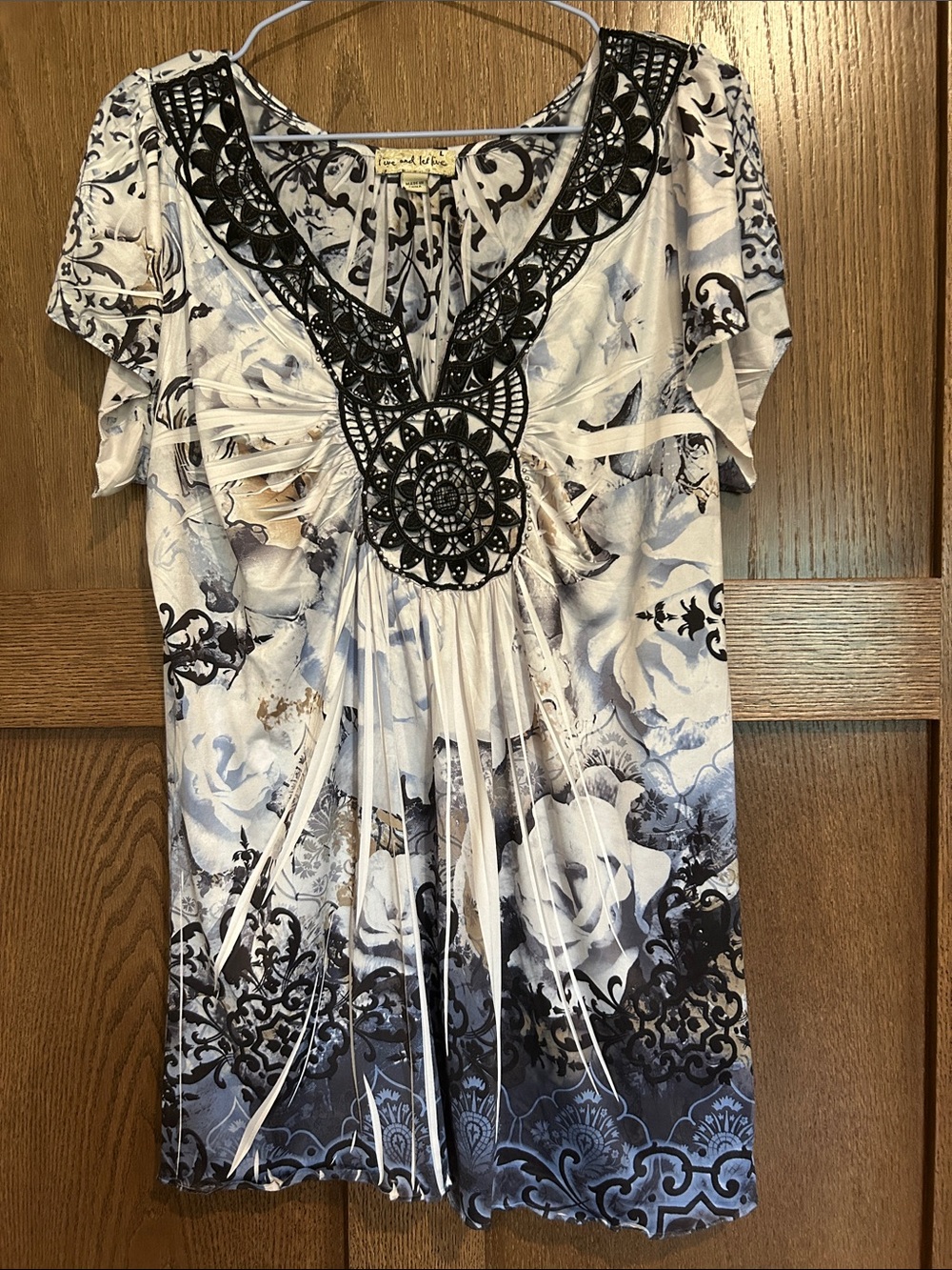 live and let live Black, White, & Bluish-Purple Floral Tunic with Crochet Detail